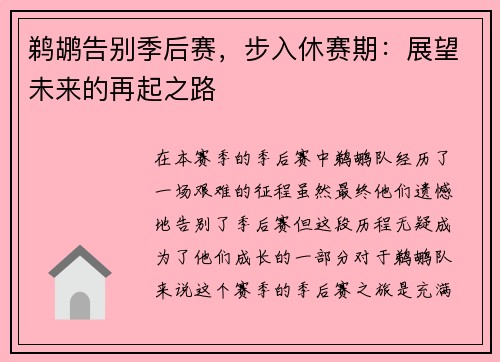 鹈鹕告别季后赛，步入休赛期：展望未来的再起之路